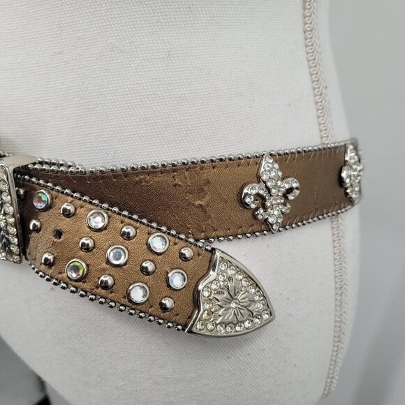 Leather Bronze Fleur De Lis Western Rhinestone Belt - Picture 4 of 15